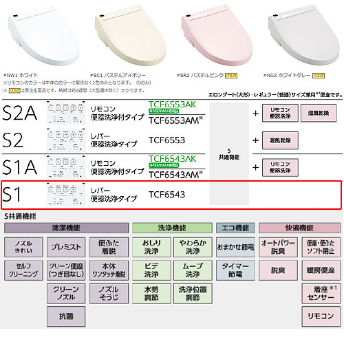 TCF6543#SC1｜TOTO洗浄便座 ウォシュレットS[S1][貯湯式]