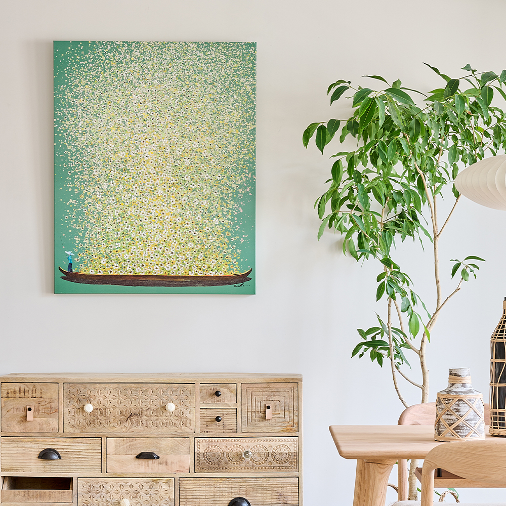 フラワーボート グリーンイエロー 100×80 cm タッチドピクチャー