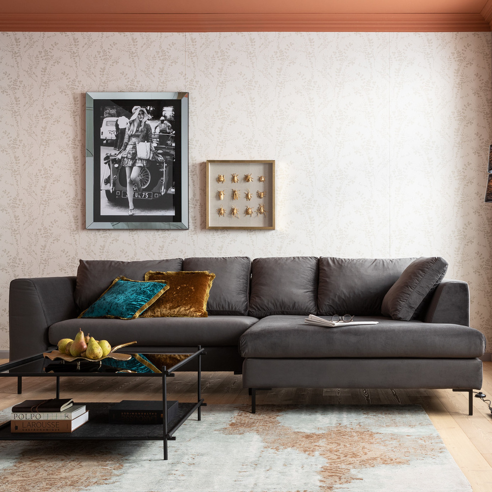 廃番】ジャンニ ベルベットグレーブラック コーナーソファ(ライト) - L