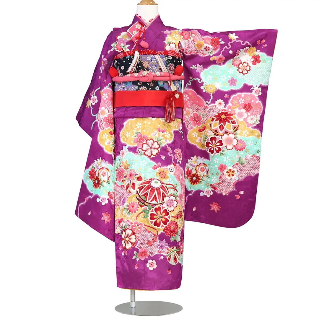 紫地に鞠と雲取りの着物／七五三・七歳女の子 | 宅配着物レンタルの
