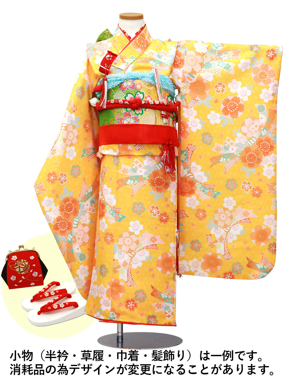 黄色地に桜と束ね熨斗の着物／七五三・七歳女の子 | 宅配着物レンタル