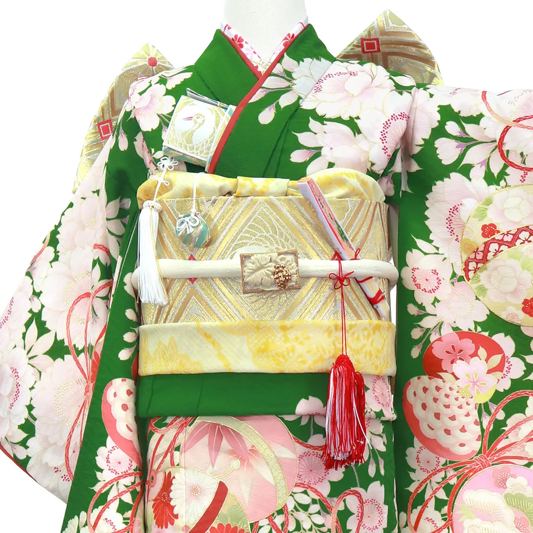 七五三着物レンタル／《華徒然》桜と薬玉・鞠・貝合の着物（緑）／七歳