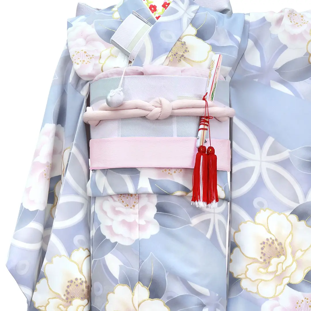 水色地にピンクと白椿の着物（ピンク）／七五三・七歳女の子 | 宅配