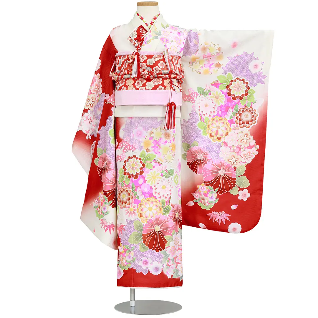赤と白地に花丸文の着物（赤帯にピンク）／七五三・七歳女の子 | 宅配