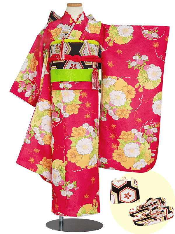 赤地に雪輪と桜の着物（黒帯にグリーン）／七五三・七歳女の子 | 宅配