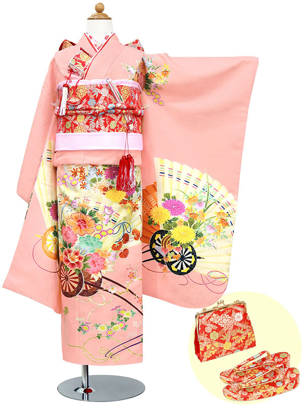 ピンク地に花車と花扇の着物（赤帯にピンク）／七五三・七歳女の子