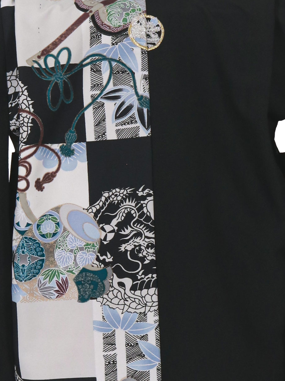 ひさかたろまん》黒地に龍・片身変り、白縞の袴／七五三・五歳男の子