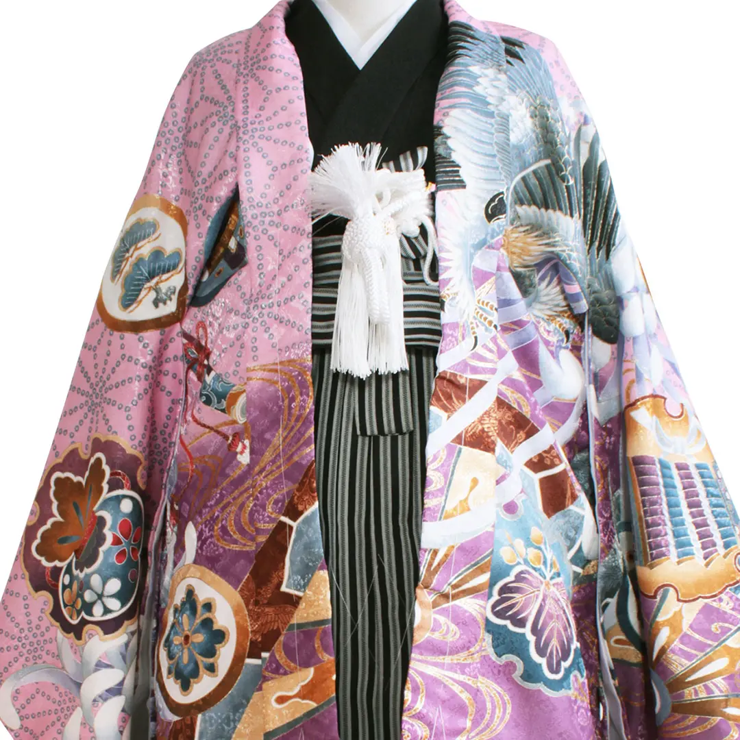 ピンク地に鷹と麻の葉、黒縞の袴／七五三・五歳男の子・袴 | 宅配着物