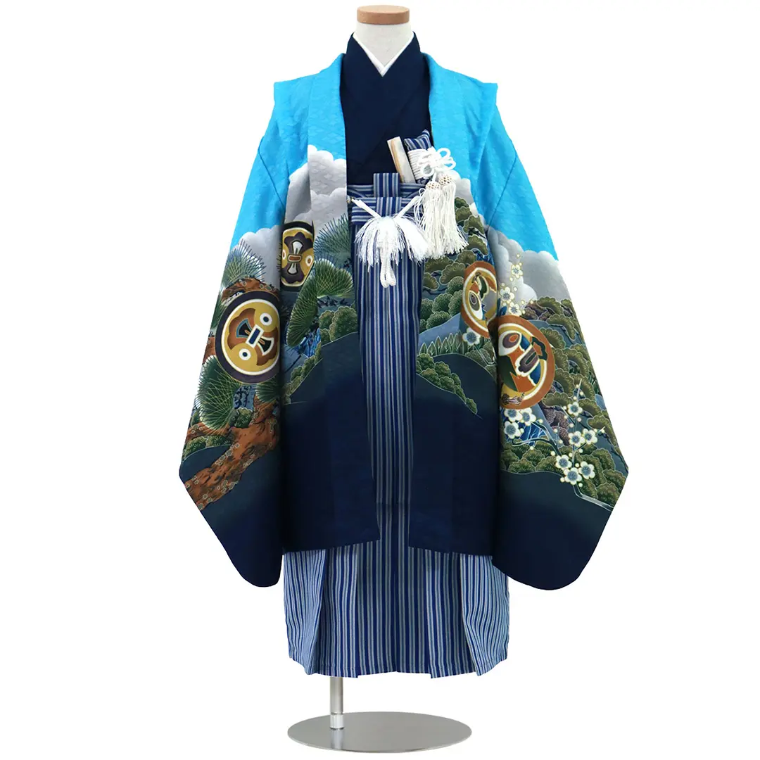 水色地に鷹と富士、藍鼠の袴／七五三・五歳男の子・袴 | 宅配着物