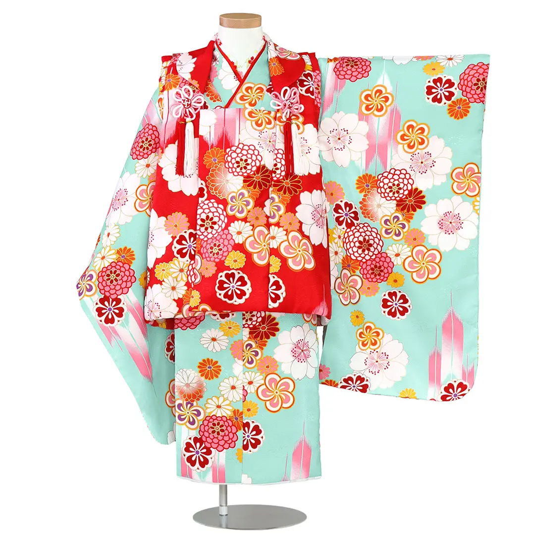 水色地に桜や菊梅と矢絣、赤の被布コートセット ／七五三・三歳女の子