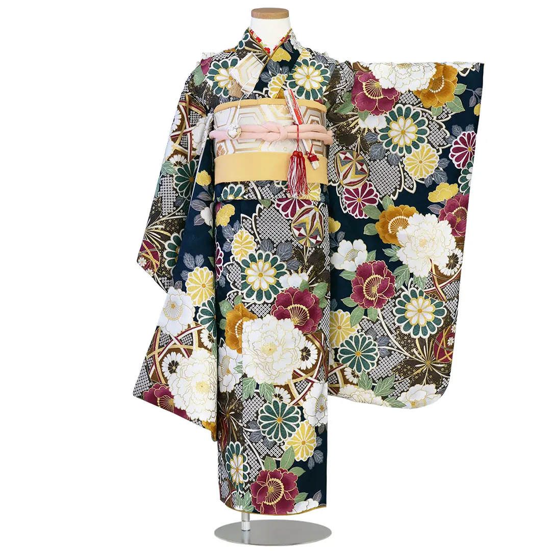 花わらべ》紺地に疋田と鞠と百花の着物／七五三・七歳女の子 | 宅配