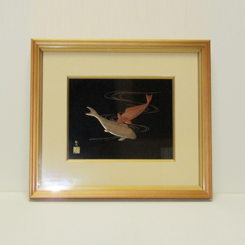 輪島塗 漆額(パネル) -双鯉の高蒔絵仕上げ- [黒色]｜輪島市の輪島塗