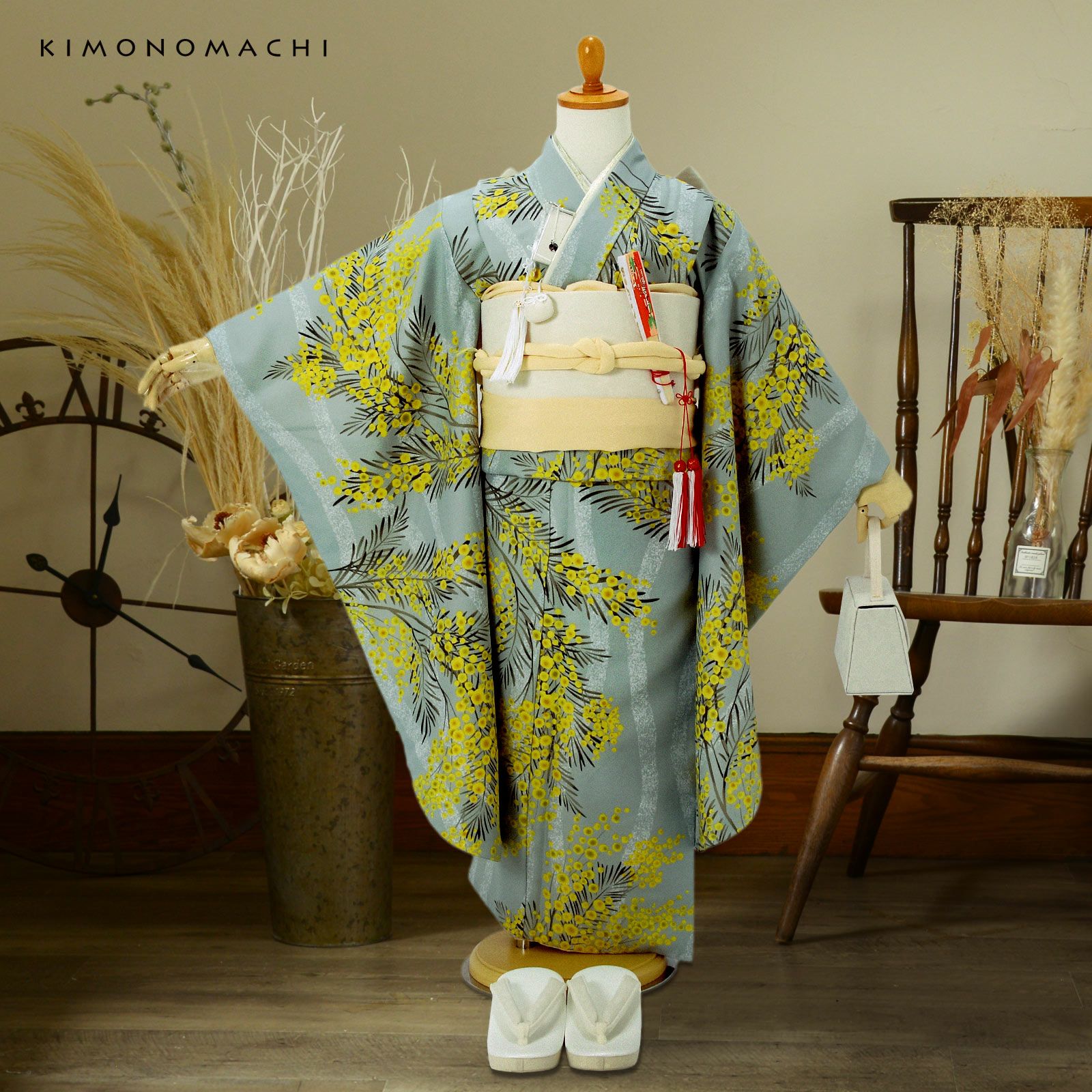 七五三 7歳 四つ身着物セット「ミモザに立涌 錆青磁色」女の子 7才
