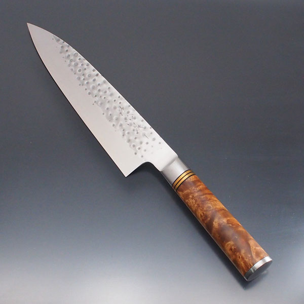 牛刀包丁 佐治武士 粉末ハイス鋼R2鎚目210㎜ 花梨こぶ柄ヒルト付