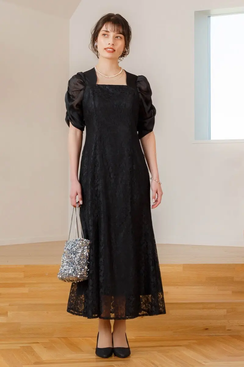 ブラックのギャザースリーブマーメイドドレス | Dorry doll | M | 結婚