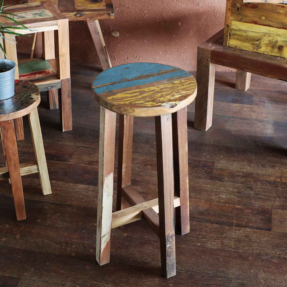 ラウンドハイスツール ボート古材 高さ70cm 木製 （ ハイスツール