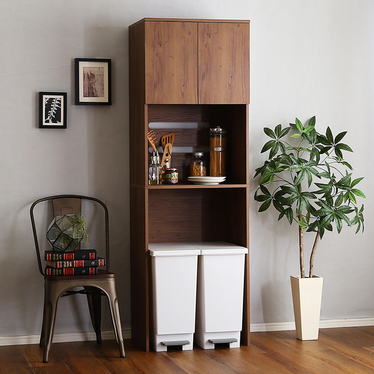 ごみ箱上ラック 幅59cm 木製 スリムタイプ ヴィンテージ調 （ ごみ箱上