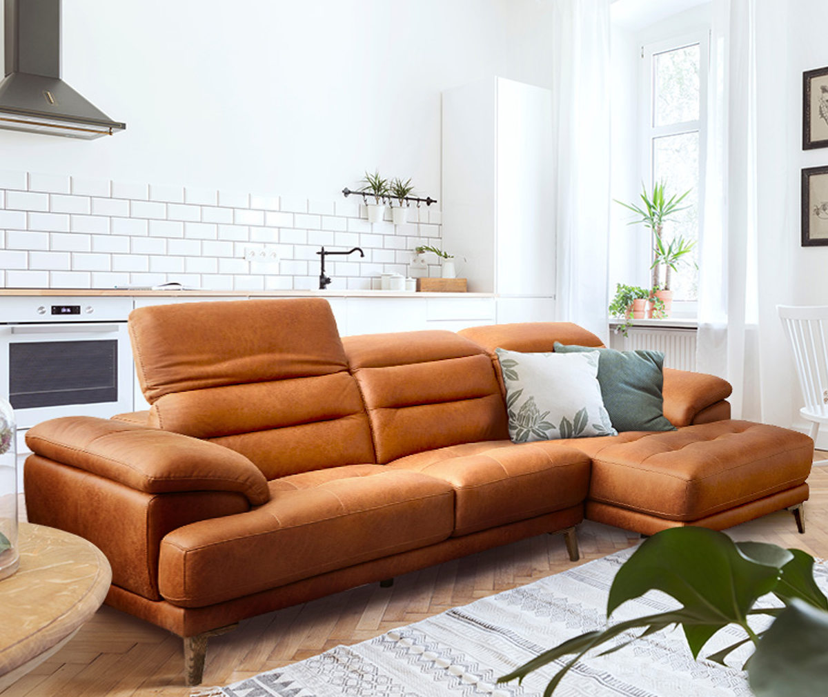 カウチソファ 3人掛け 幅251cm ヘッドレスト7段階 レザーファブリック