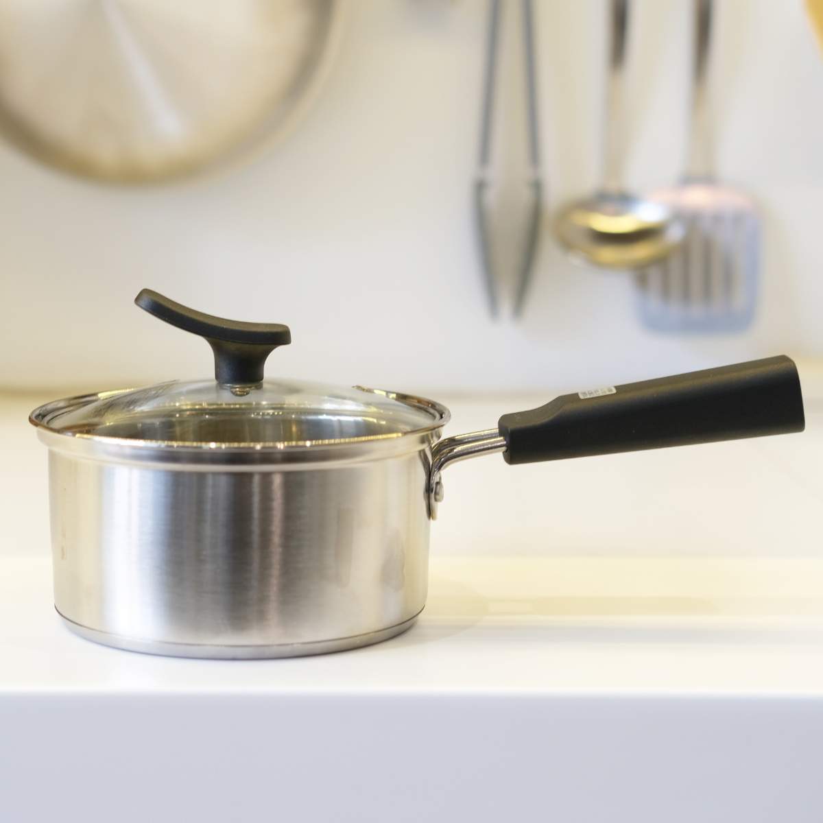 片手鍋 14cm IH対応 チーノ ステンレス製 3層底 ガラス蓋付き （ なべ