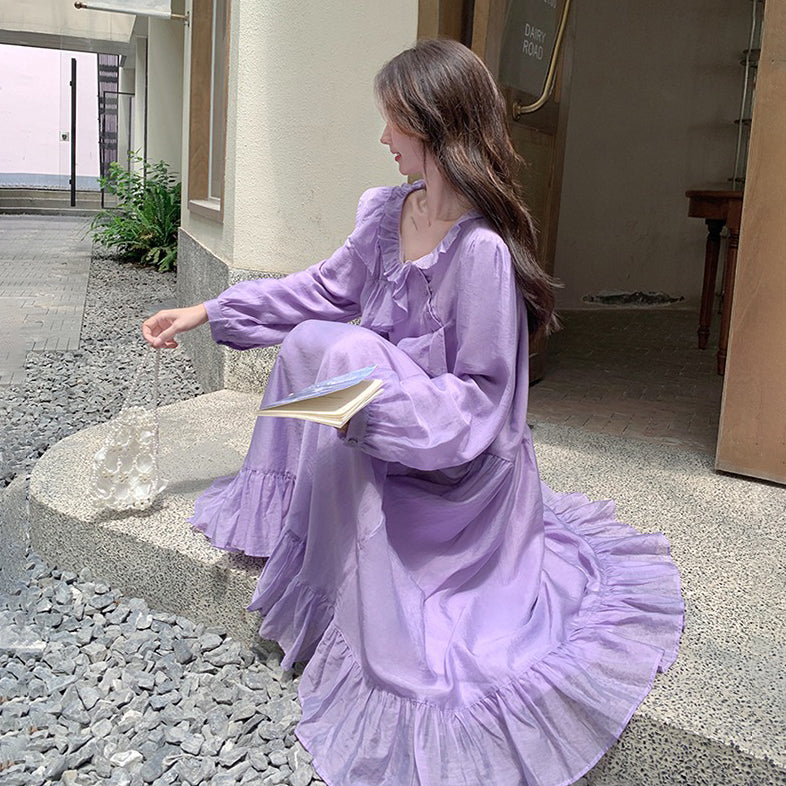 ワンピース】パープル 超可愛い フリル 長袖ワンピース レディース 秋