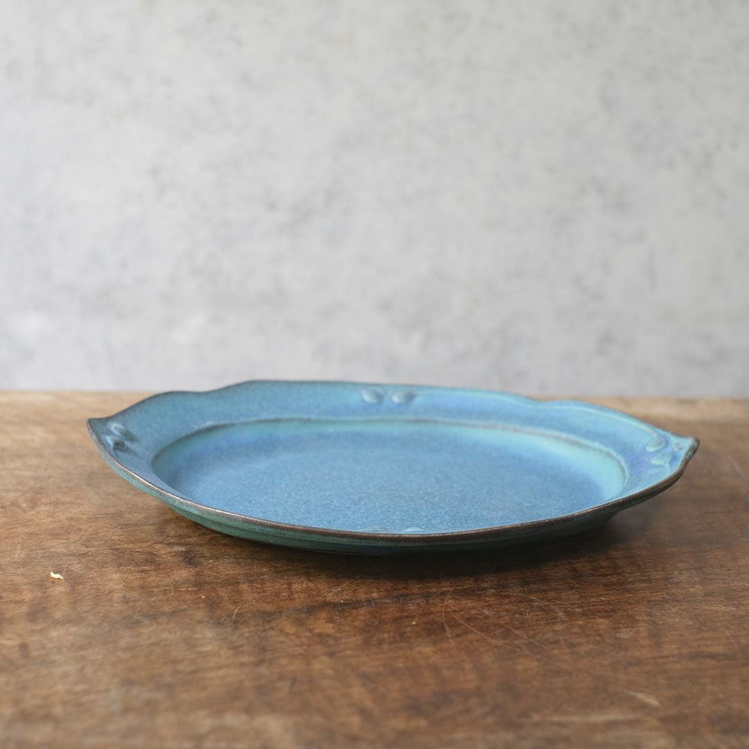 益子焼 オーバル皿L(29cm) ターコイズ 洋皿 パスタ皿 手作り わかさま