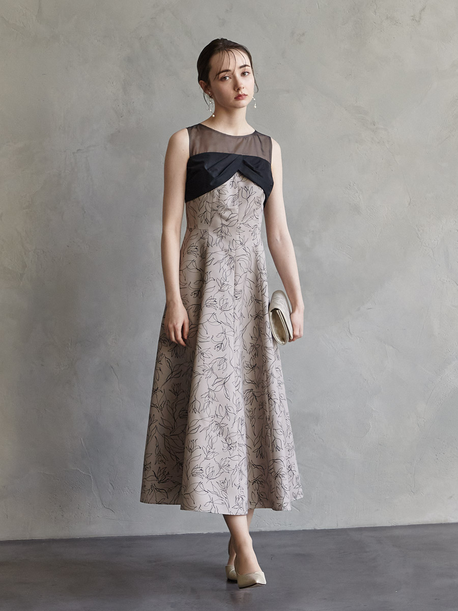 配色花柄プリントフィット＆フレアドレス (M モカ): AIMER | エメ