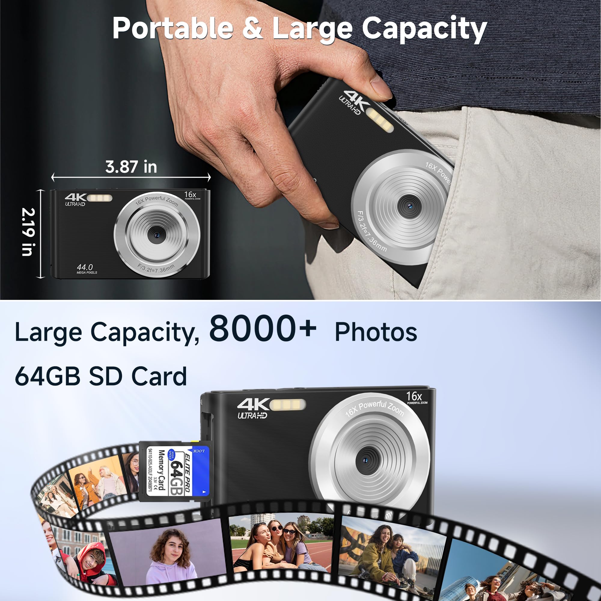 Amazon | デジタルカメラ、FHD 1080P 44MPデジタルカメラ、64GB SD