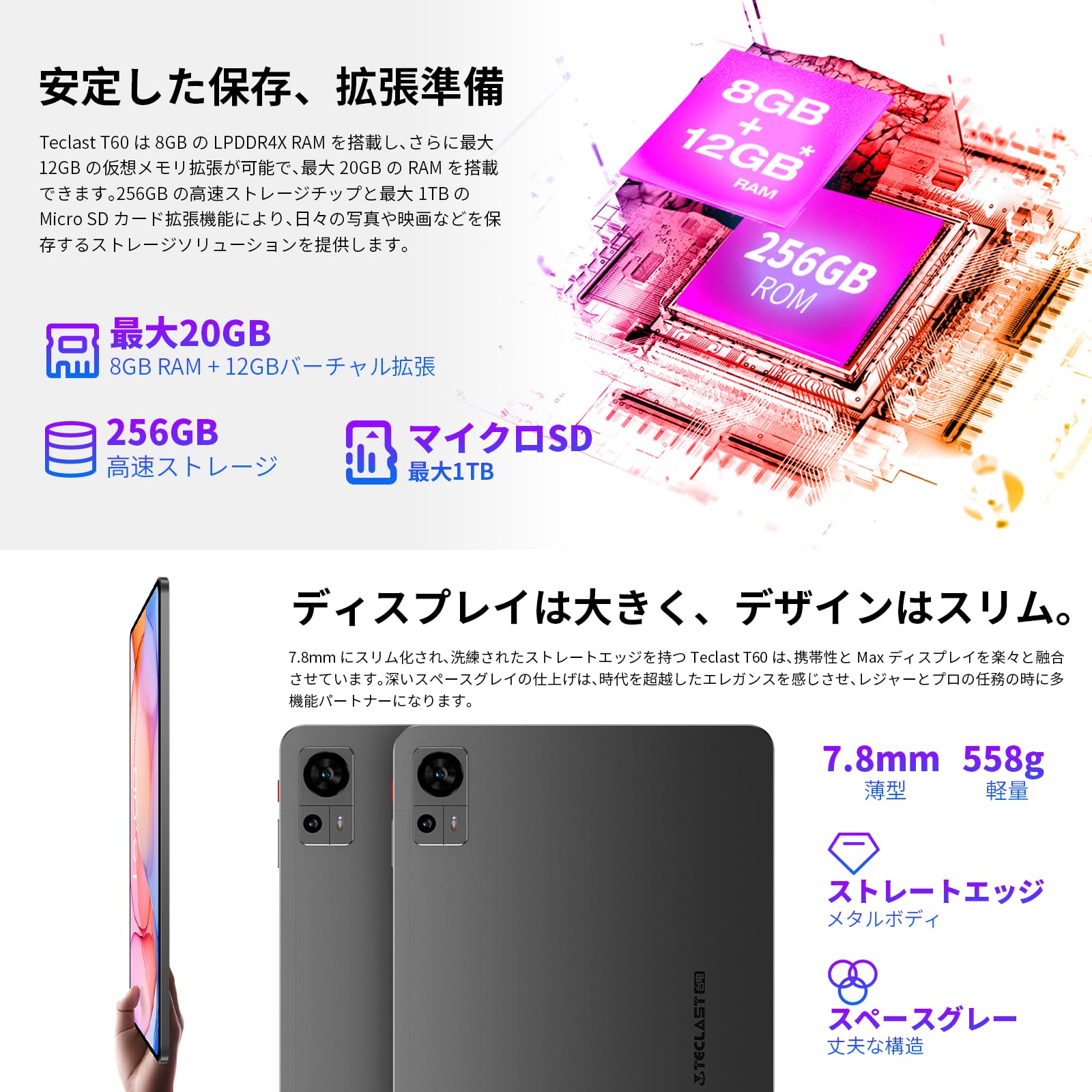 Amazon.co.jp: TECLAST T60 Android 14 タブレット 12インチ 16GB+