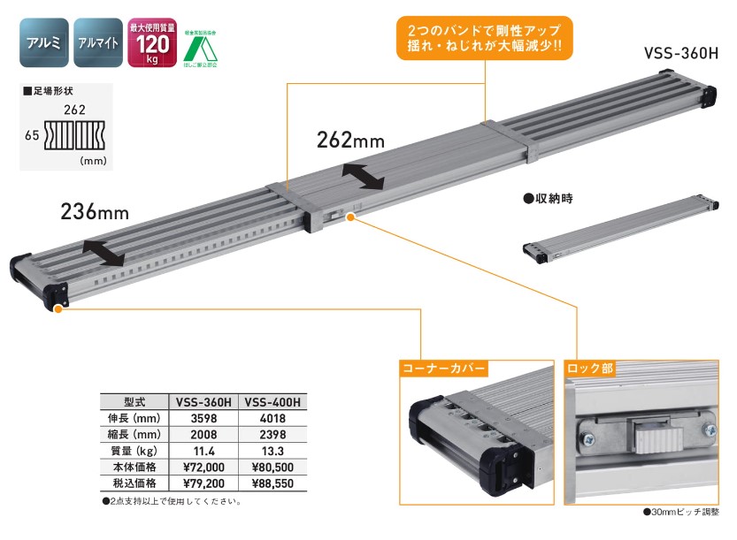 アルミ製足場板(伸縮式): 仮設資材｜【プロ向けの建築資材販売】PRO資材便