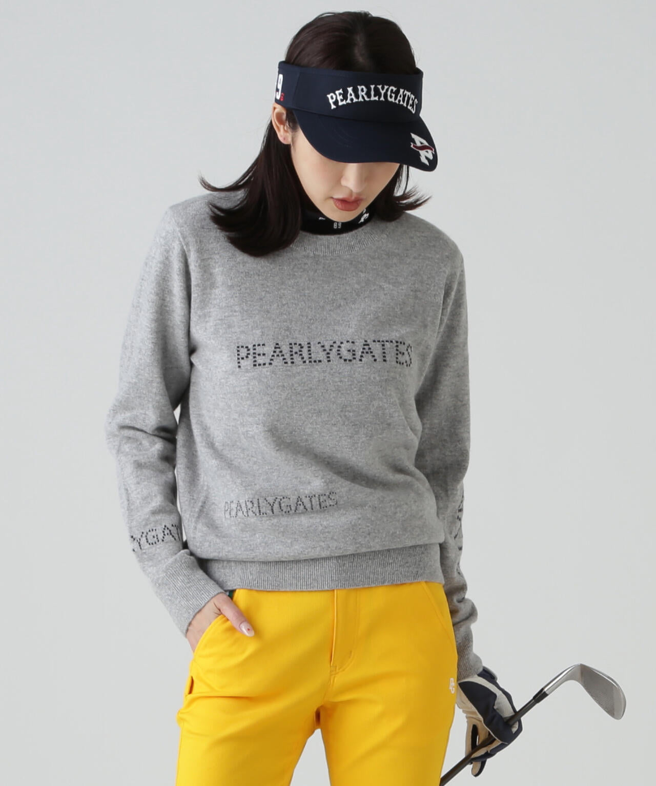 12G部分ジャガードカシミヤ100クルーネックニットプルオーバー