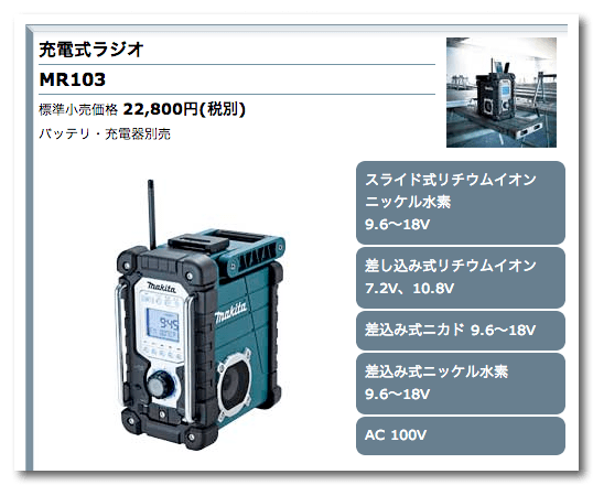 マキタMR103】 正にプロ仕様なiPod/iPhone対応 高音質ラジオ！ - もの