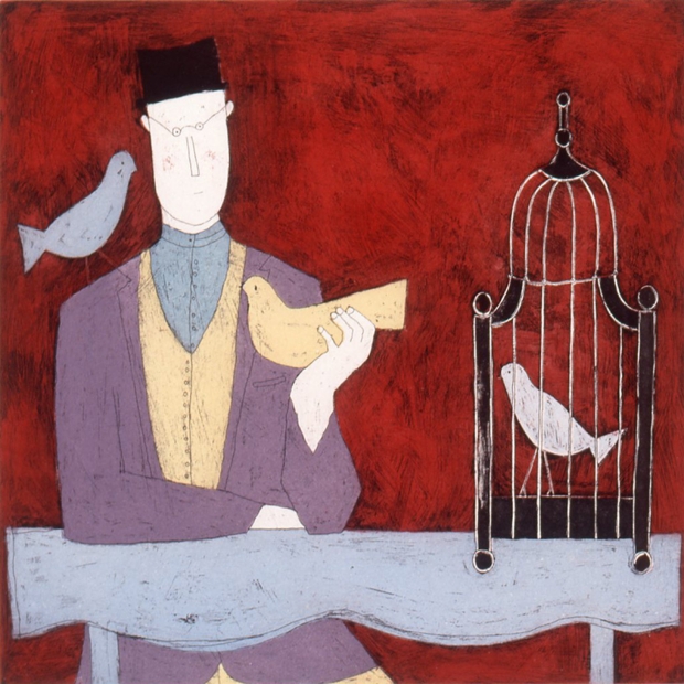 アノラ・スペンスが銅版画で制作した絵「紳士と鳥かご」を購入