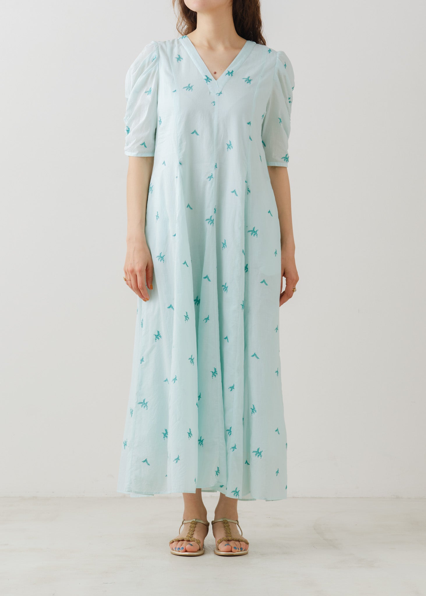 Cotton Voile Dot Leaf Embroidery Gather Sleeve Dress | Pasand by