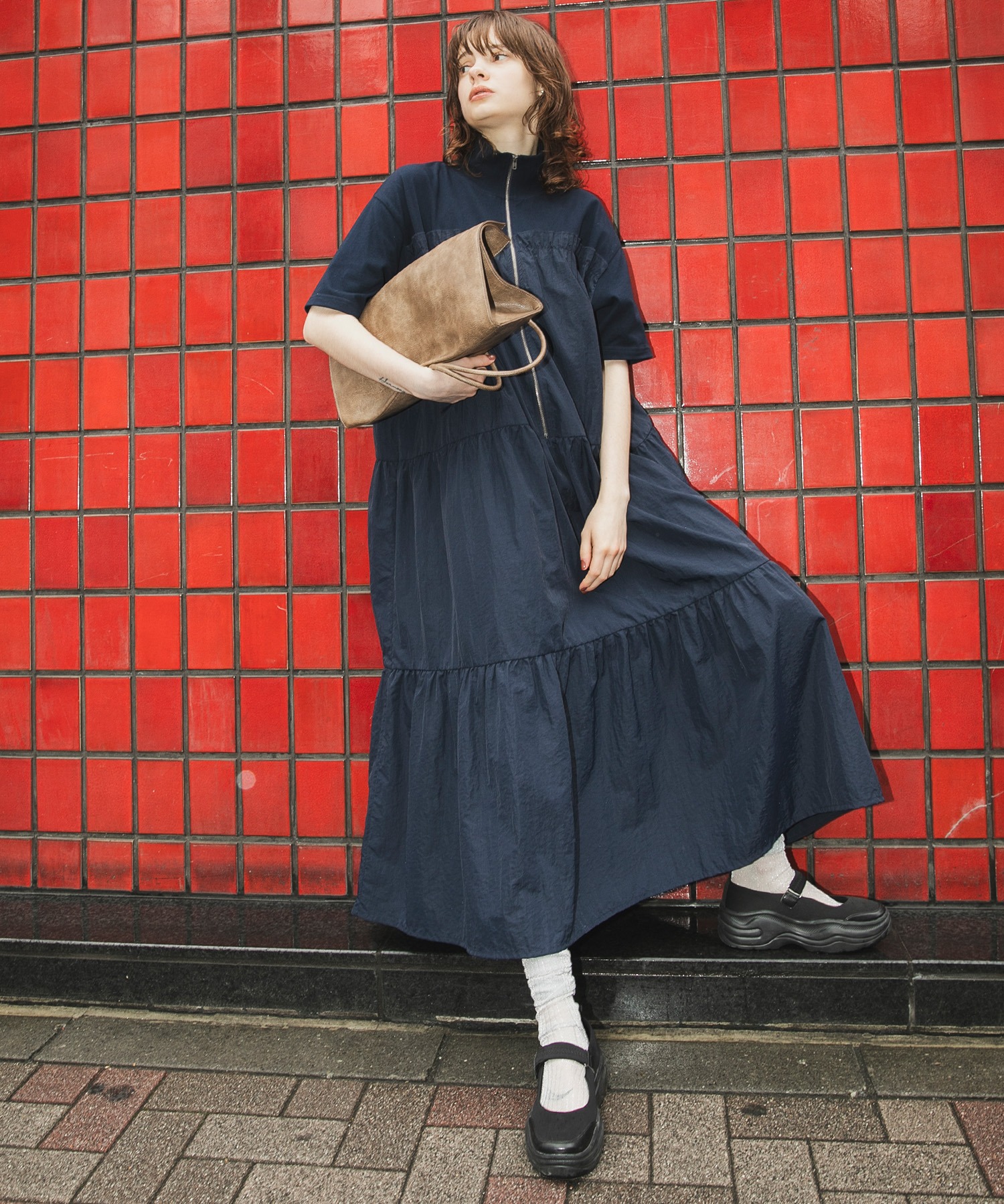 forksy.】ハーフジップドッキングティアード半袖ワンピース forksy