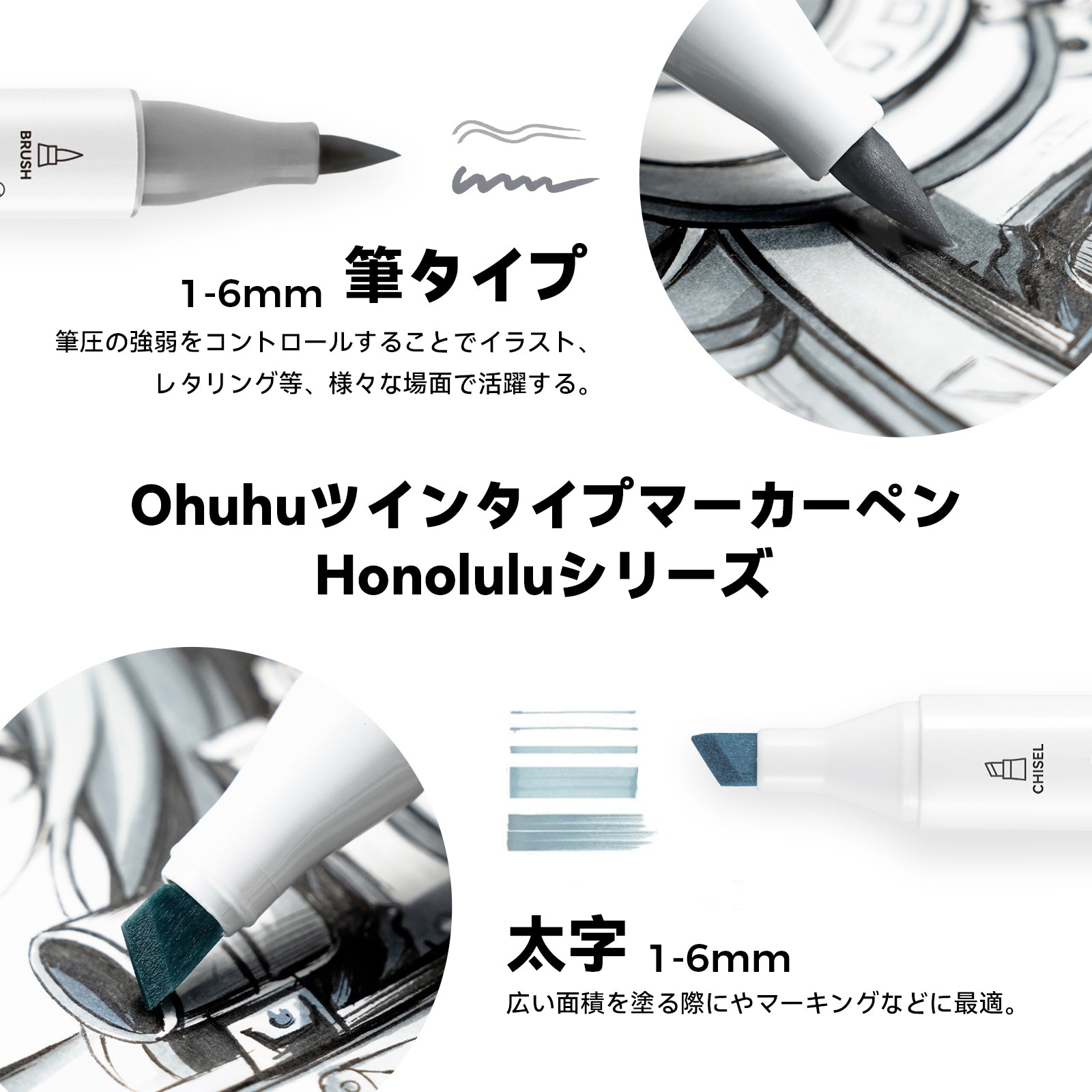 Ohuhu Honolulu イラストマーカー グレーカラー 36色 筆・太字 – Ohuhu