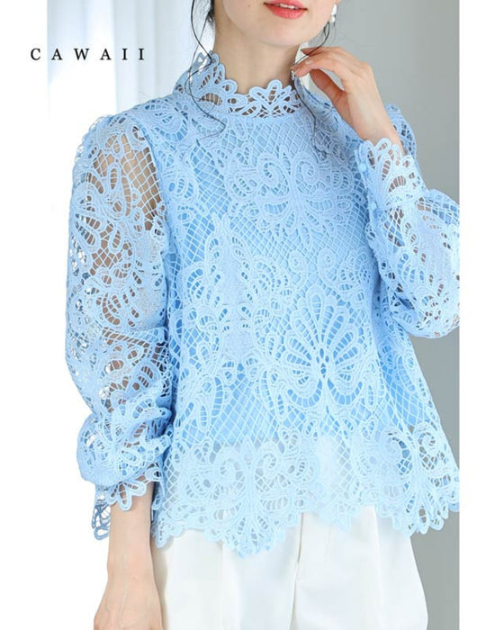 エレガントなブルーレースの後ろジッププルオーバートップス – ONE