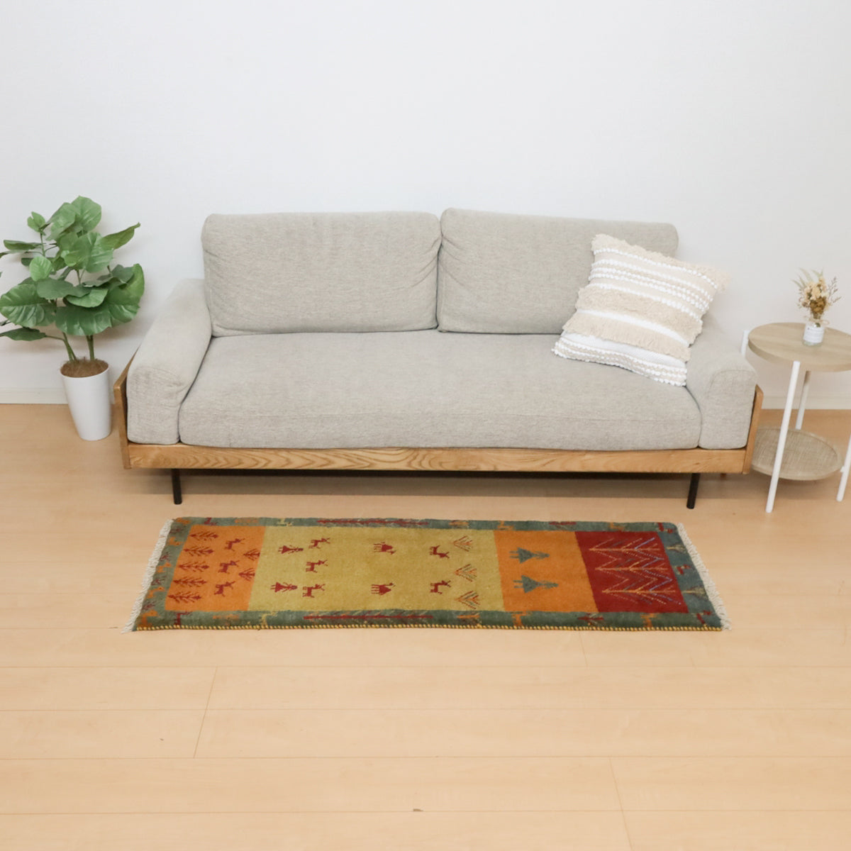 ギャッベ,ランナーラグ,152×53cm,手織りウール,オレンジ×グリーン