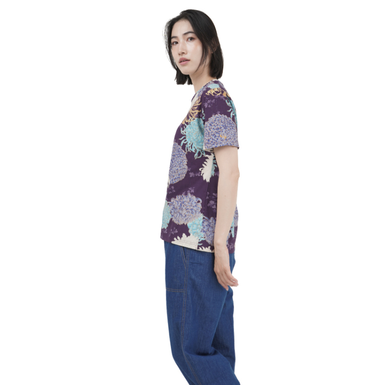 花柄 半袖Tシャツ ＜彩り菊蔦文様/紫＞ | 京友禅アロハシャツ【Pagong