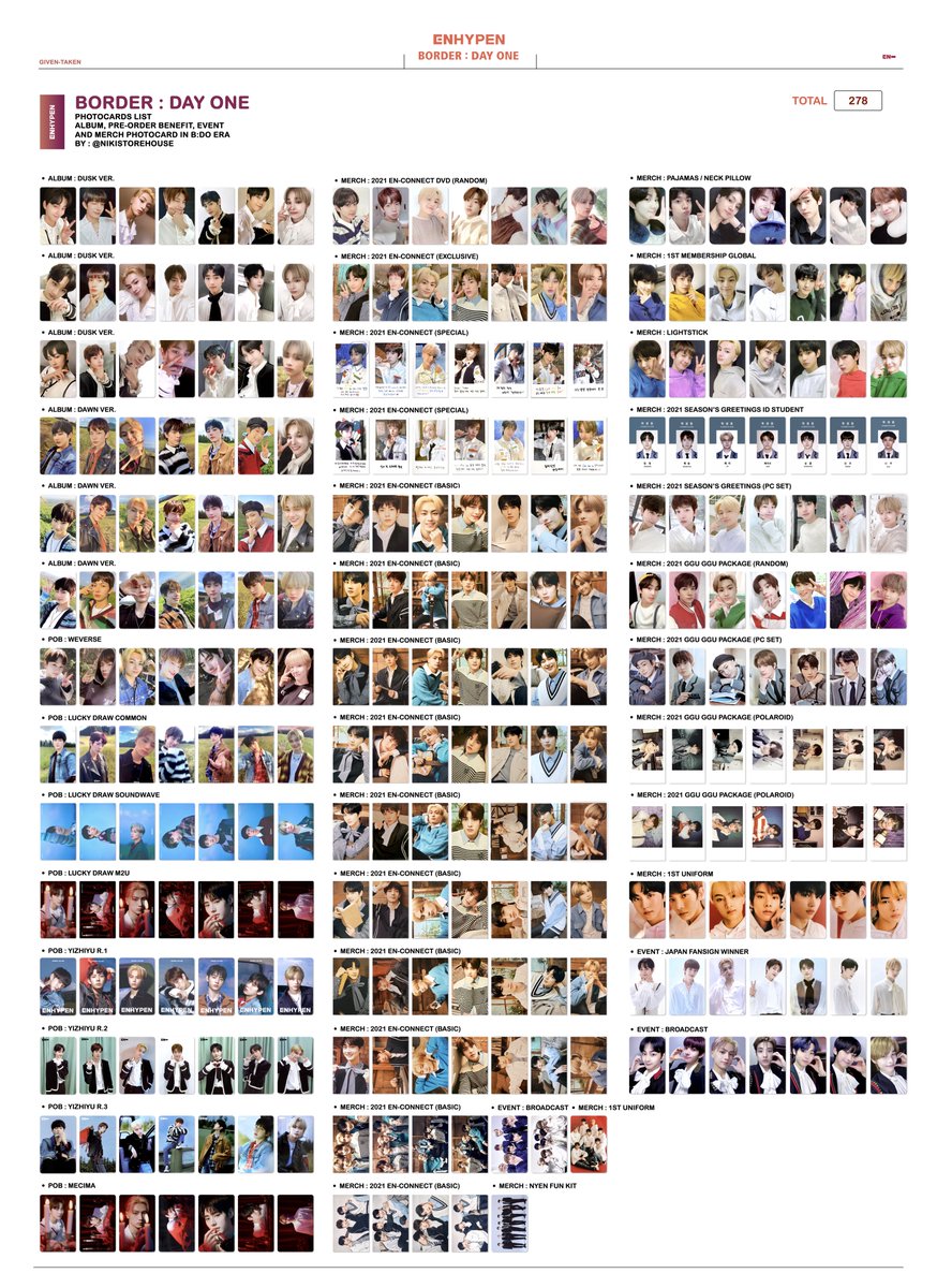 엔하이픈 데이원 포카 리스트 ENHYPEN BORDER : DAY ONE PHOTOCARD