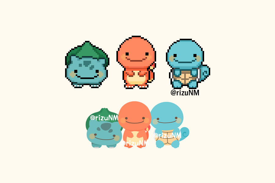 フシギダネ ,ヒトカゲ ,ゼニガメ 「ドット絵とイラレ絵比較」|リズの