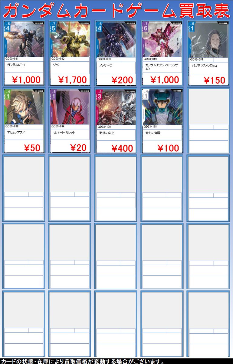 ガンダムカードゲーム買取 ジ・O 1700 メッサーラ 200 エクシア