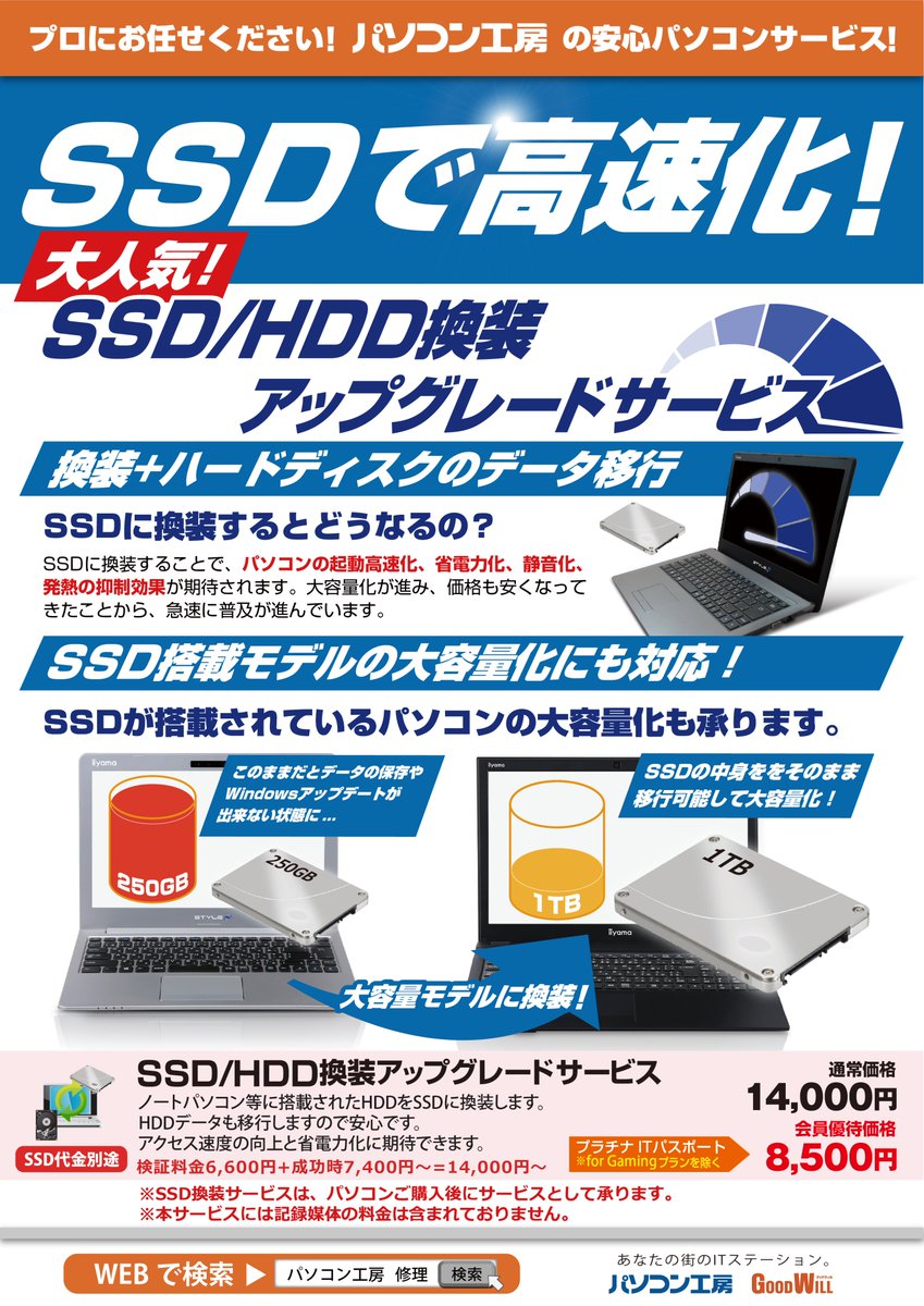 サポート案内🩺】 今お使いのパソコンをSSDで高速化しませんか