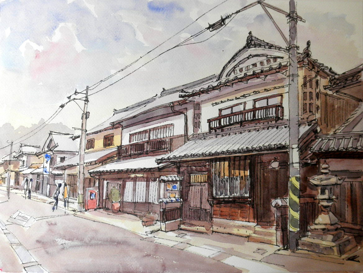 山陽道 矢掛本通りの家並み : tedkimotoの水彩画