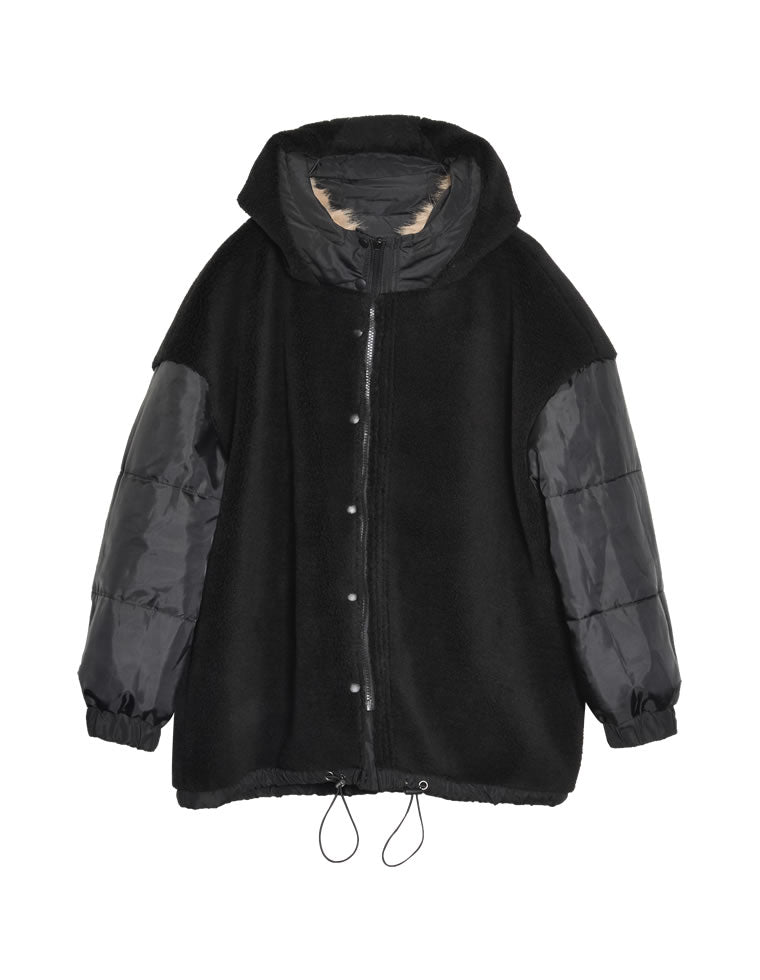 2WAYリサイクルタフタバックフリルデザインフェイクファーフード付き