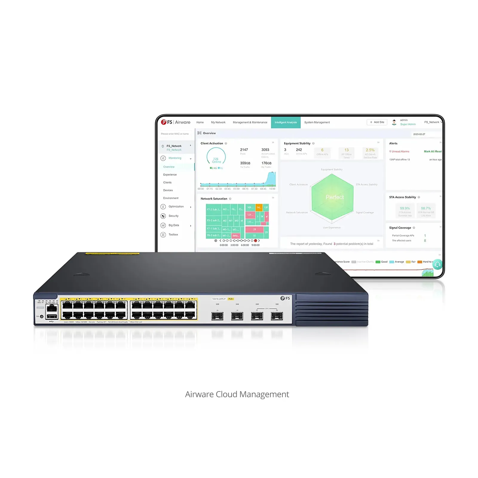 FS S3410-24TS-P、24ポート ギガビットイーサネットL2+ PoE+スイッチ