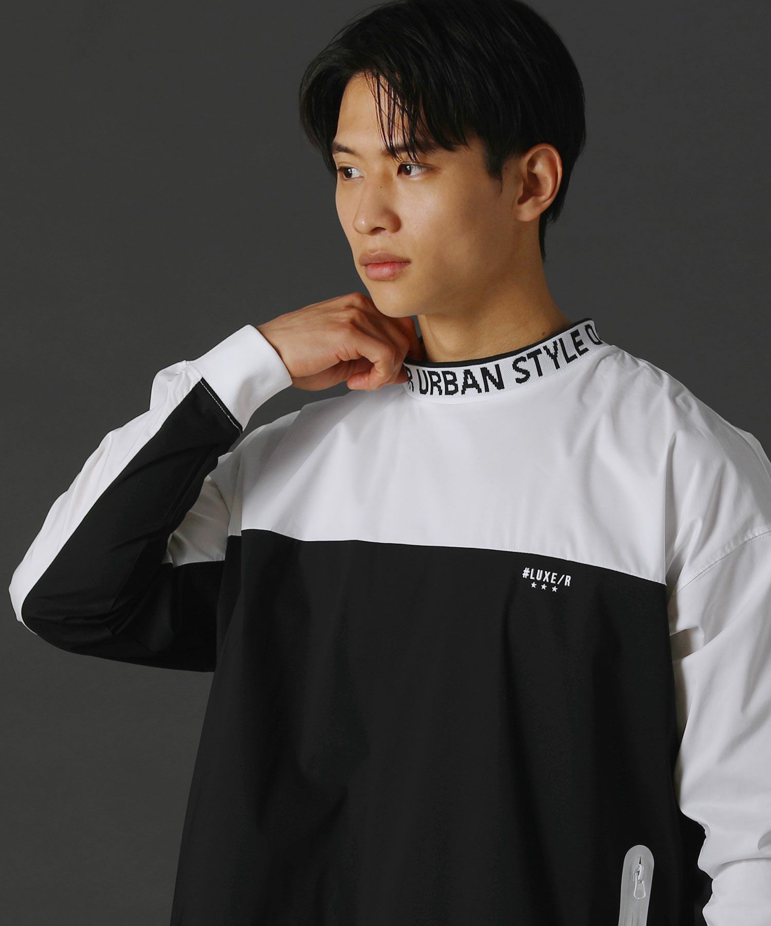 撥水加工ストレッチ布帛止水ZIPバイカラーハイネック長袖プルオーバー