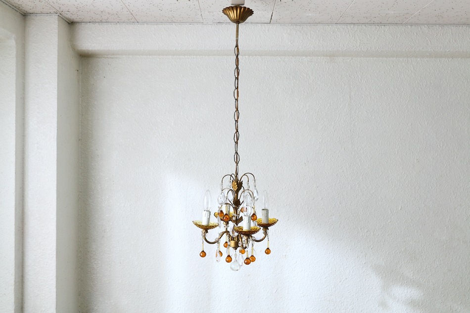 ムラーノアンバーガラス&クリアドロップ ゴールドギルトシャンデリア(4