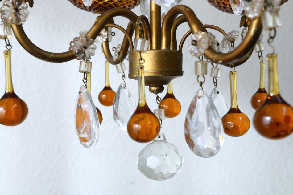 ムラーノアンバーガラス&クリアドロップ ゴールドギルトシャンデリア(4