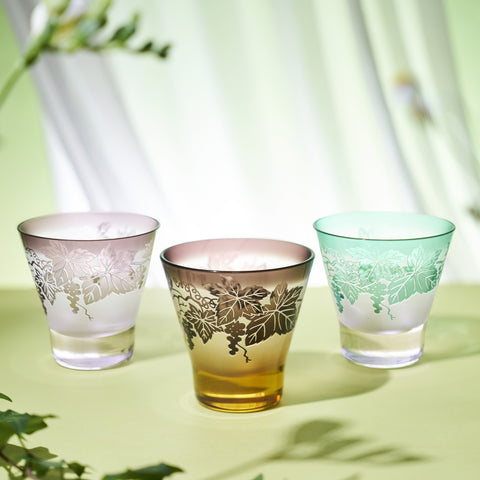 彫刻 夢柄子 ぶどう紋 高台オールドグラス アンバー/パープル ｜江戸