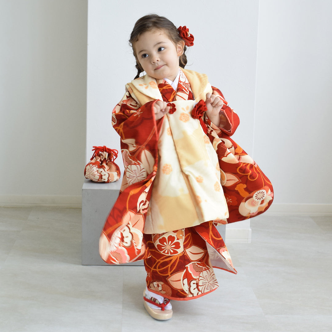 レンタル】七五三着物 3歳女の子 被布セット 京舞 雪輪に梅・薄橙